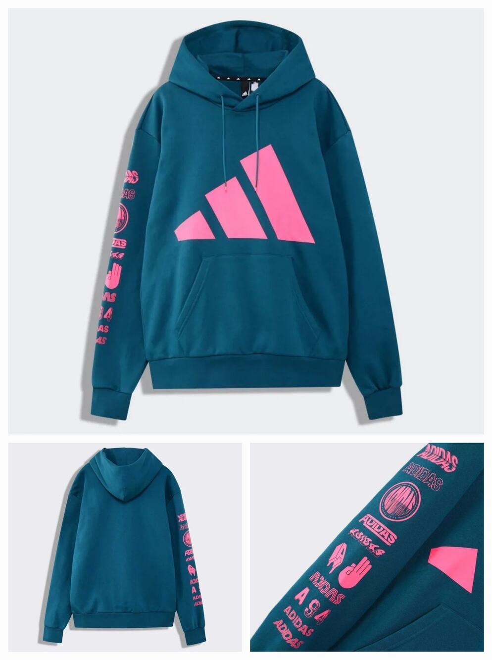 adidas Athletics Pack Graphic Hoodie Teal Blue Pink Badge of Sport Logo Men's S